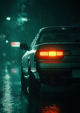 Car in the Rain at Night