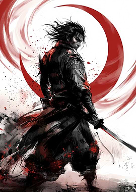 Samurai Warrior with Katana and Red Moon