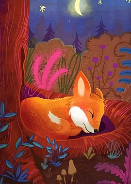 Sleeping Fox in Forest Illustration