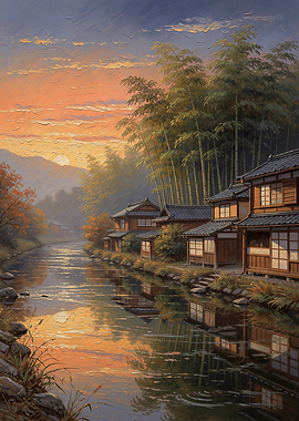 Japanese Village River Sunset Painting