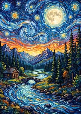 Starry Night Landscape Painting
