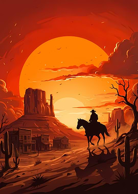 Western Cowboy Silhouette at Sunset