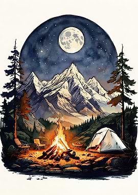 Watercolor Camping Scene with Mountains