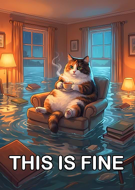 Cat in flooded room drinking coffee