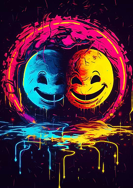 Neon Smiley Faces Abstract Art