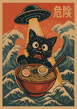 Retro Japanese Cat Poster, UFO Ramen Art Print, Funny Kiken Danger Wall Art