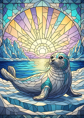 Stained Glass Seal Arctic Scene