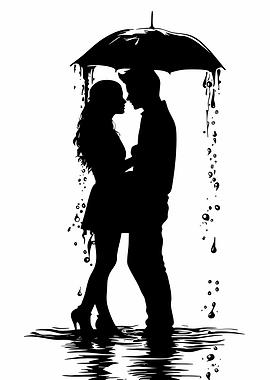 Silhouette Couple Under Umbrella in Rain
