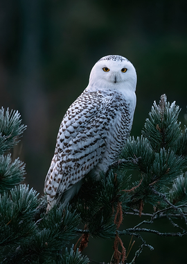 Snowy Owl Perched on Pine Branch