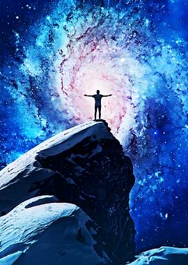 Man on Mountain Peak with Galaxy
