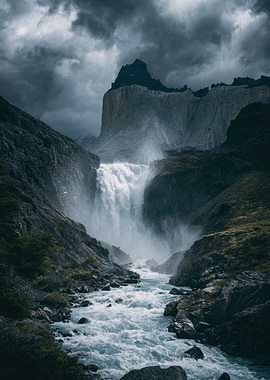 Majestic Waterfall in Mountainous Landscape