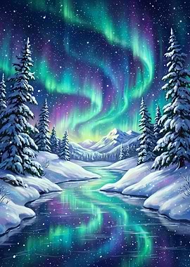 Winter landscape with aurora borealis