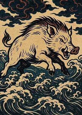 Pig Shio Surfing Waves Illustration