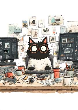 Cat at Desk with Computers