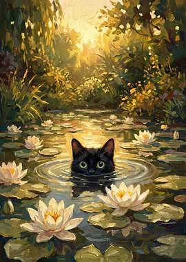 Mystic Black Cat in Golden Lily Pond