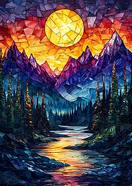 Stained Glass Mountain Landscape with Moon