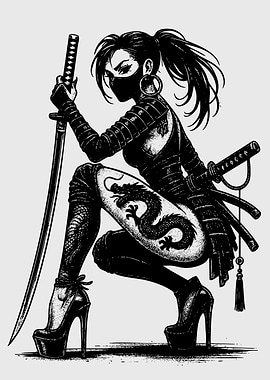 Female Ninja Warrior with Dragon Tattoo