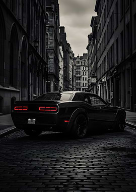 Black Dodge Challenger in City Street