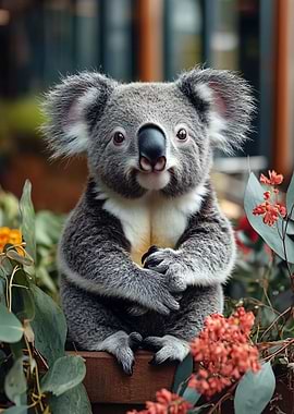 Cute Koala Portrait Surrounded by Flowers