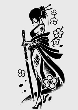 Geisha with Katana and Cherry Blossoms