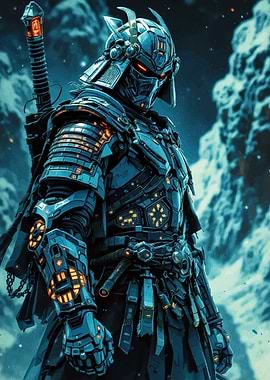 Cyberpunk Samurai Warrior in Snowy Landscape