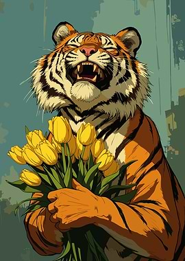 Happy Tiger with Yellow Tulips