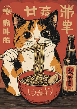 Cat Eating Ramen with Beer