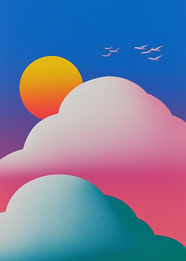 Sunset Clouds and Birds Illustration
