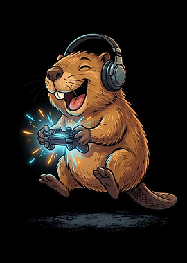 Beaver Gamer with Headphones