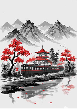 japan landscape train - red black