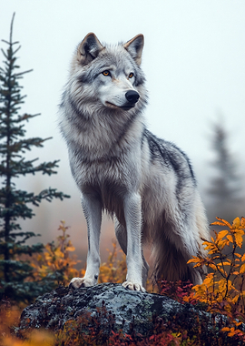 Wolf on a Rock in Autumn