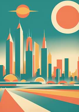 Retro-Futuristic City Skyline — Teal & Coral Minimalist Illustration