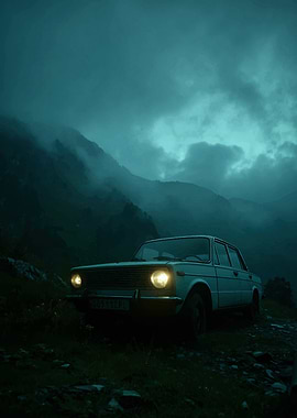 Vintage Car in Misty Mountains