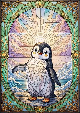 Stained Glass Cute Penguin Landscape