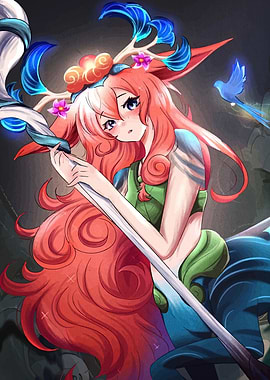 Anime Girl with Staff and Bird