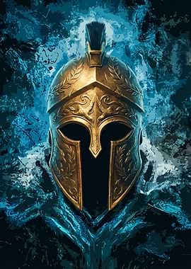 Golden Spartan Helmet on Blue Background