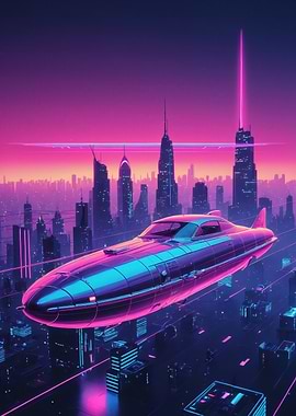Neon City Flight — Retro-Futuristic Hovercar Over a Synthwave Skyline
