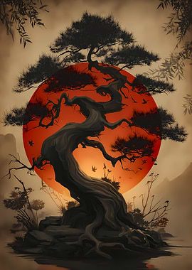 Bonsai Tree with Red Sun