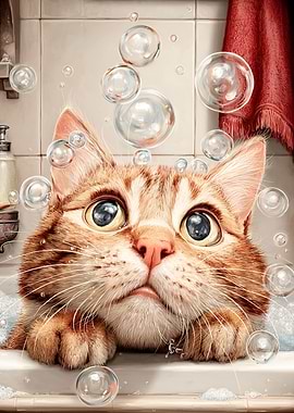 Cat in Tub with Bubbles
