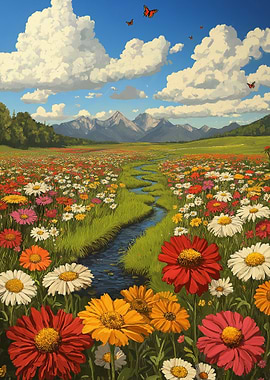 Floral Meadow with Stream and Mountains
