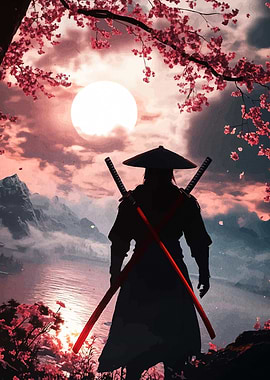 Samurai Silhouette with Cherry Blossoms