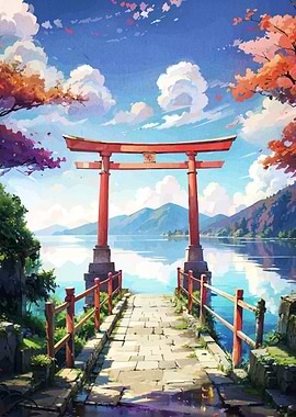 Japanese Torii Gate Landscape Painting