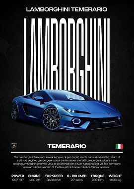 Lamborghini Temerario Blue Sports Car Poster