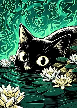 Black Cat in Lily Pond Illustration