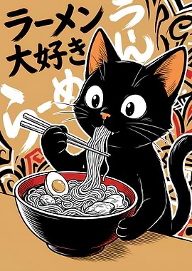 Black Cat Eating Ramen Illustration