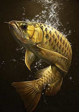 Golden Arowana Fish in Dark Water
