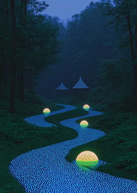 Glowing River in Forest at Night