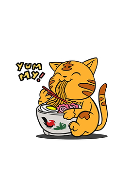 Cartoon Cat Eating Ramen Illustration
