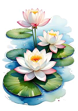 Watercolor Lotus Flowers and Lily Pads