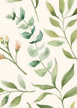Watercolor Green Leaves and Floral Pattern